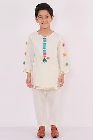 off-white cotton embroidered a-line kurta set for boys