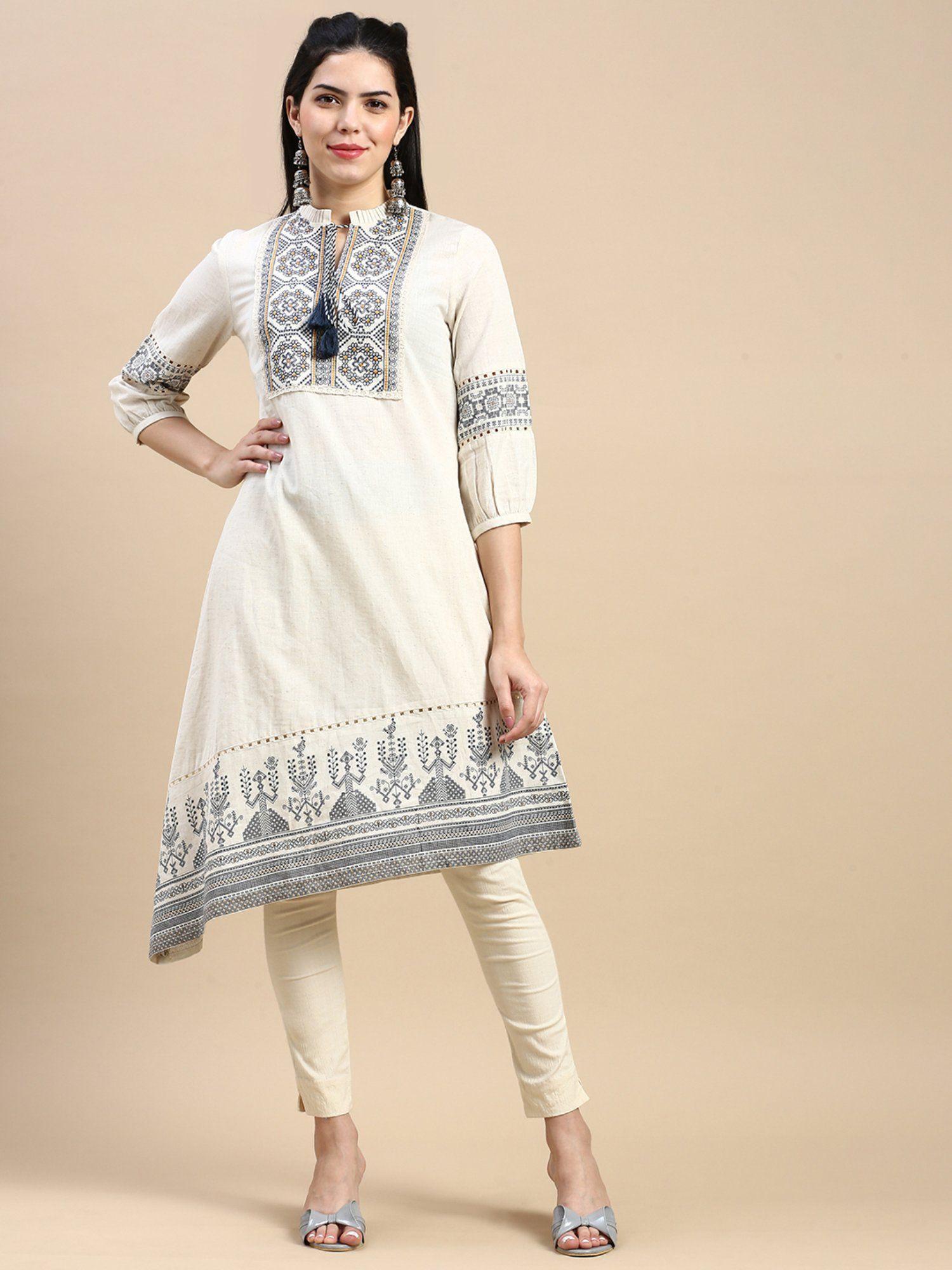 off-white cotton embroidered asymmetric kurta