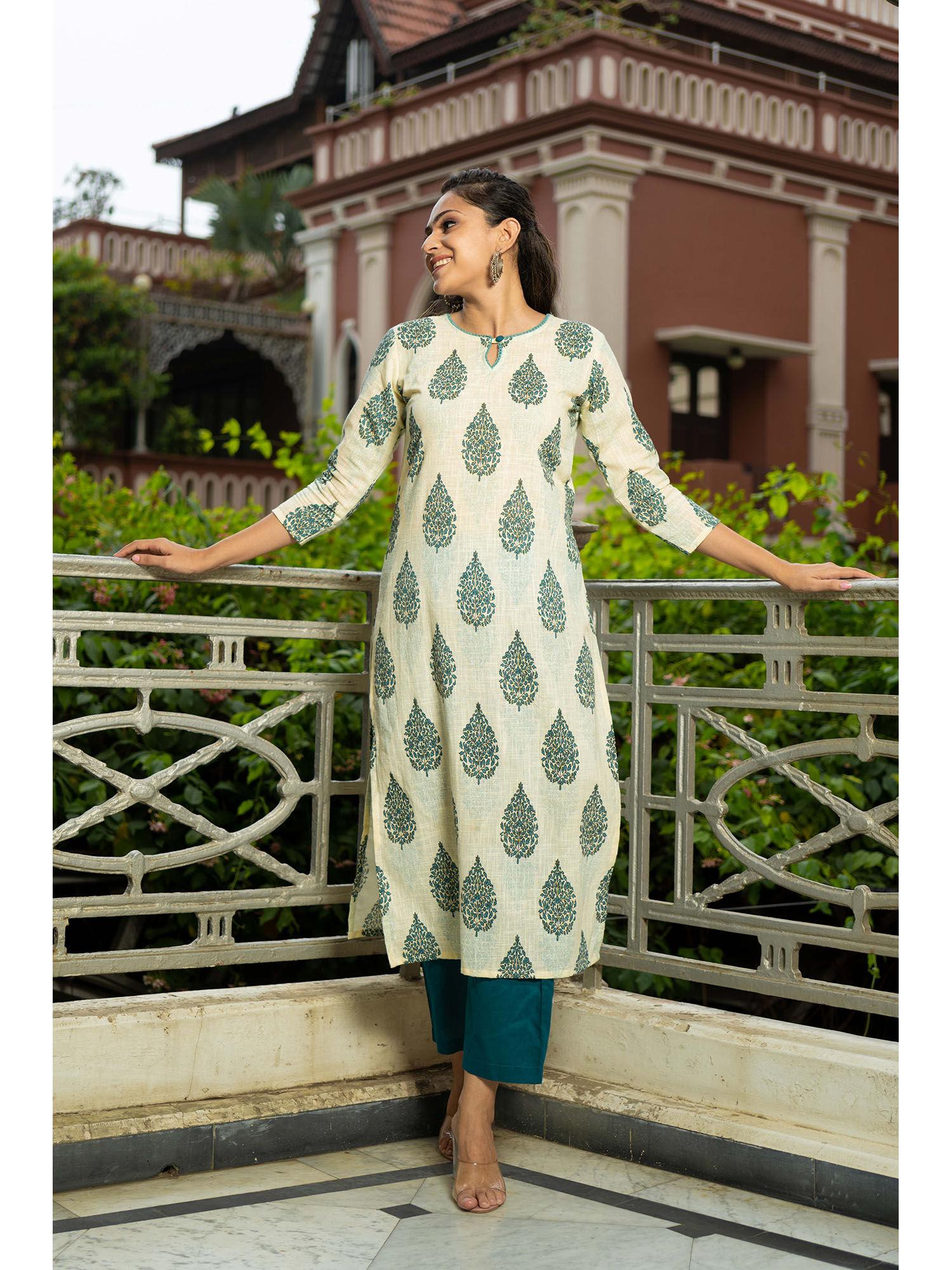 off white cotton flax block printed kurta