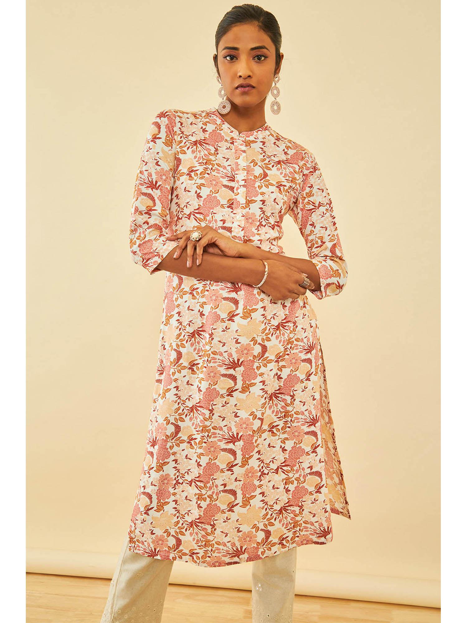 off white cotton floral print kurta