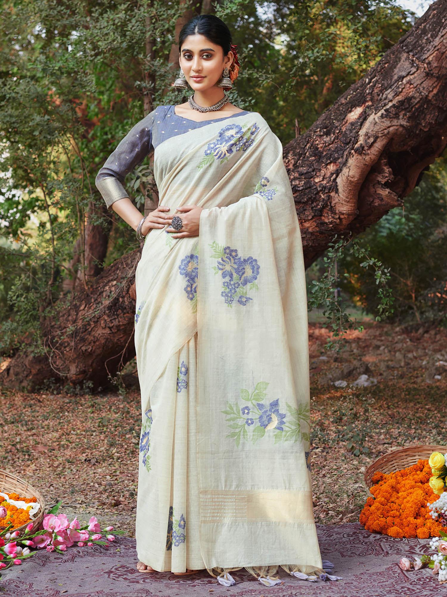 off white cotton floral print traditional tassels saree with unstitched blouse