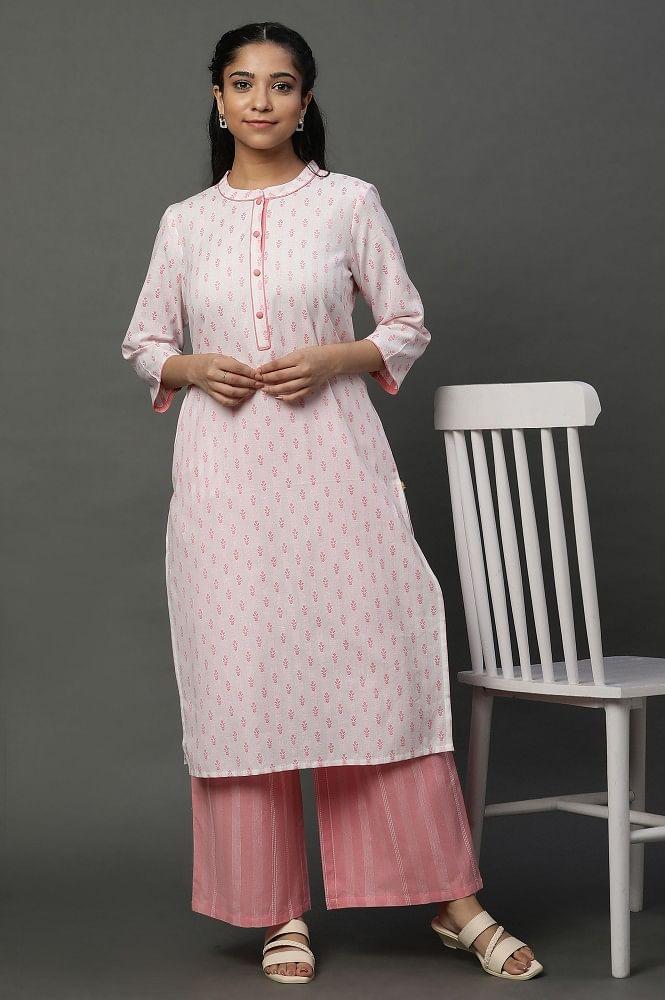 off white cotton floral printed kurta and pink palazzos set