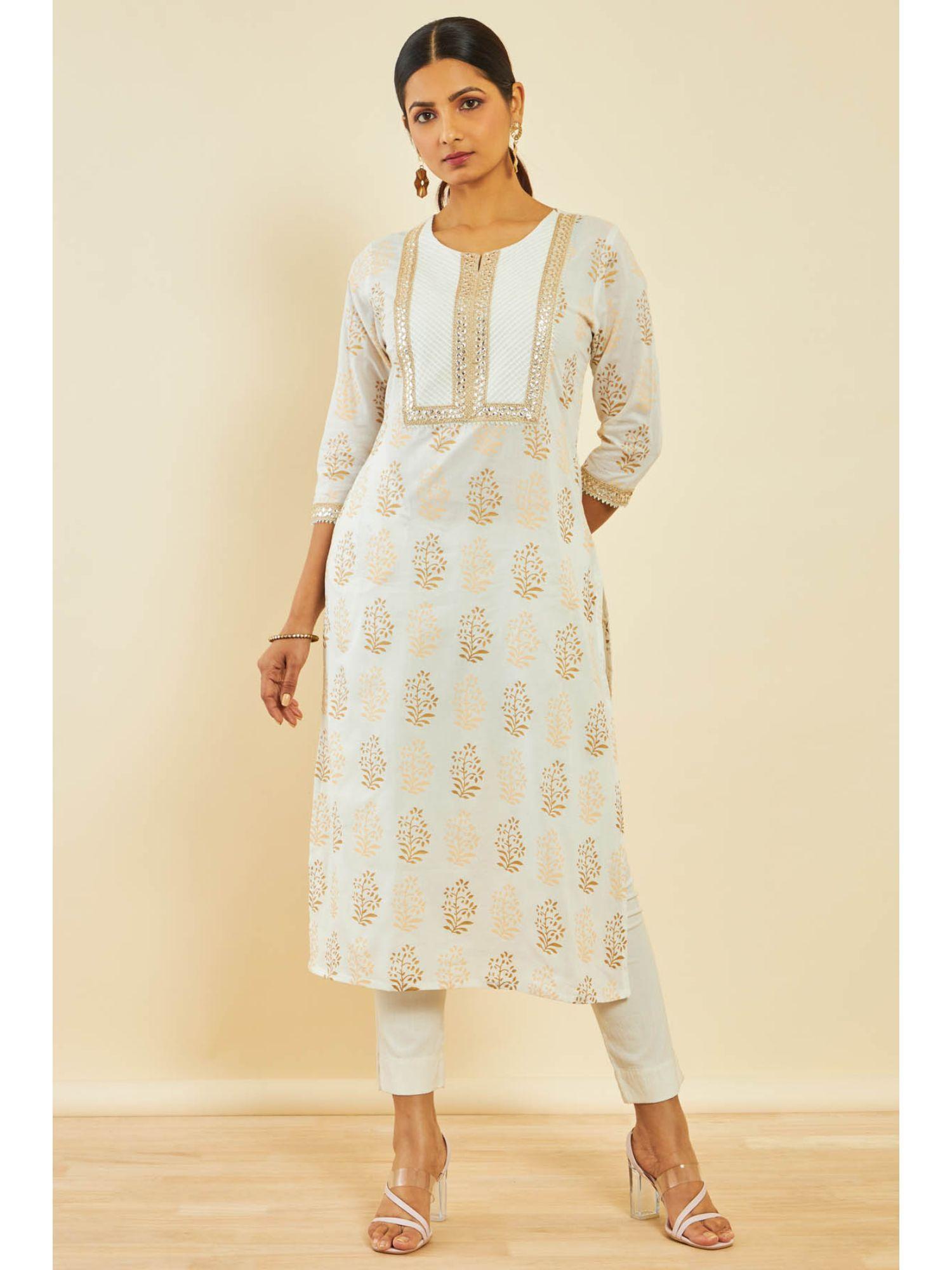 off white cotton foil print kurta with gotta patti