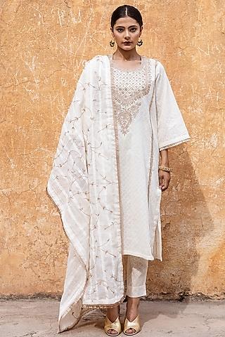off-white cotton hand embroidered kurta set