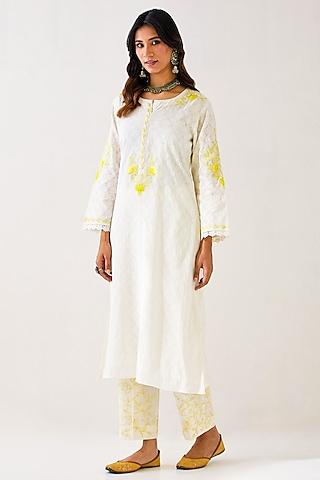 off-white cotton jacquard embroidered kurta set