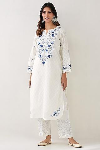 off-white cotton jacquard embroidered kurta set