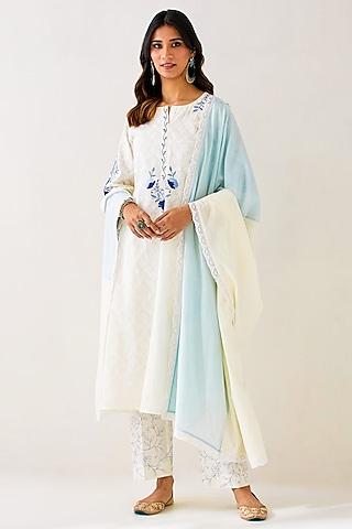 off-white cotton jacquard embroidered kurta set