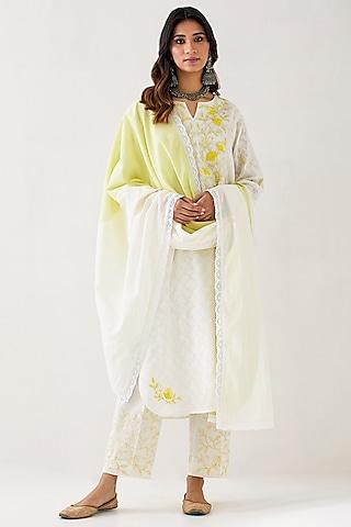 off-white cotton jacquard embroidered kurta set