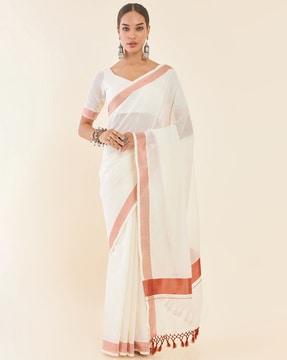 off white cotton kasavu saree with copper zari borders saree