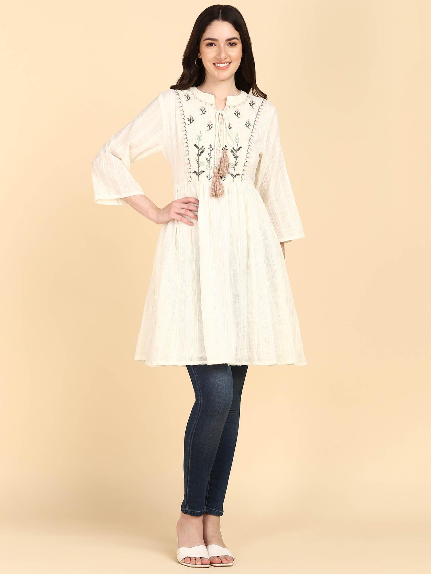 off white cotton lurex embroidered tunic