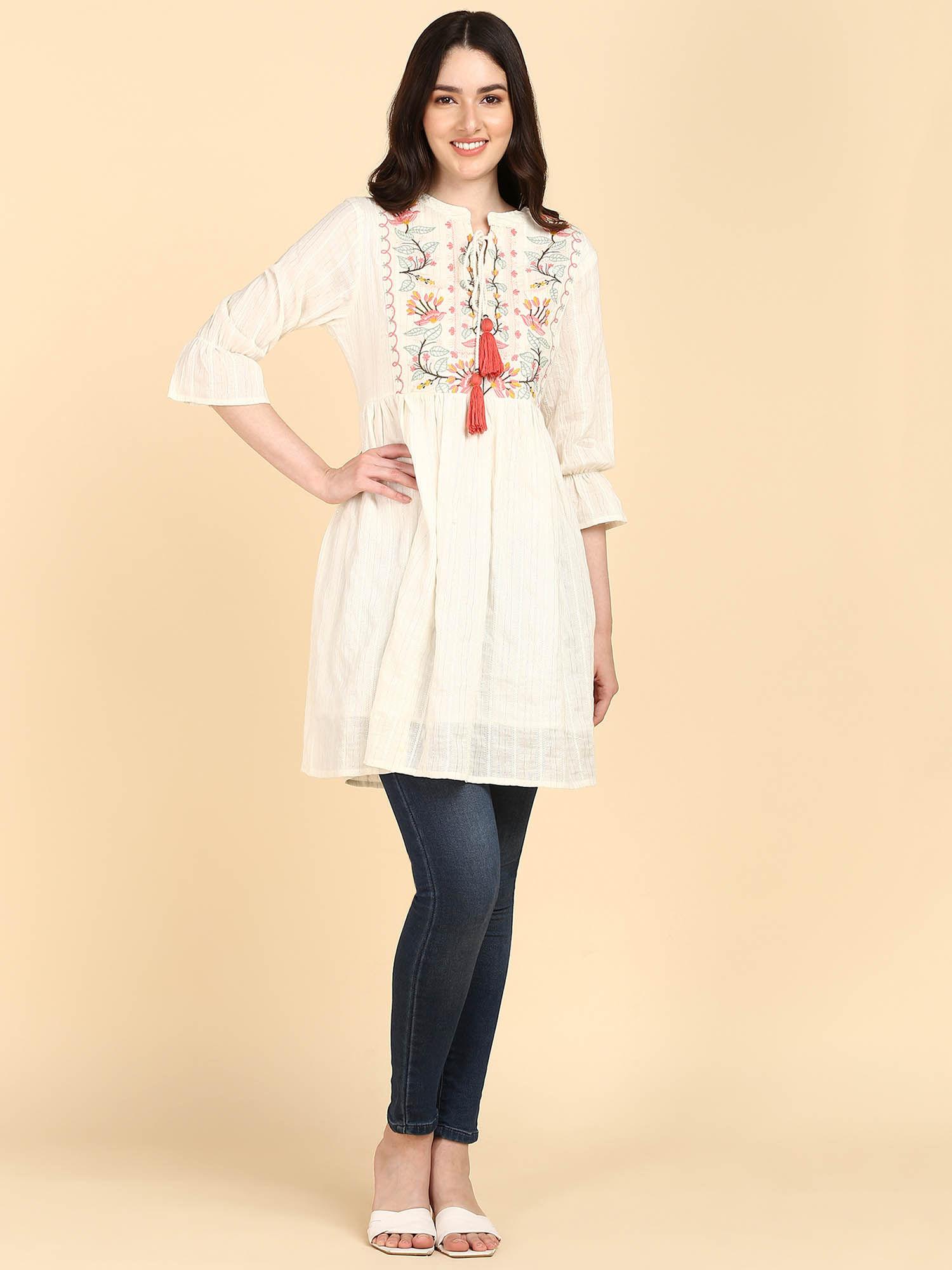 off white cotton lurex embroidered tunic