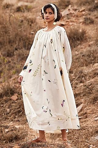 off-white cotton mul floral printed maxi dress