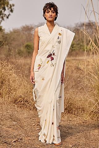 off-white cotton mul floral printed saree set