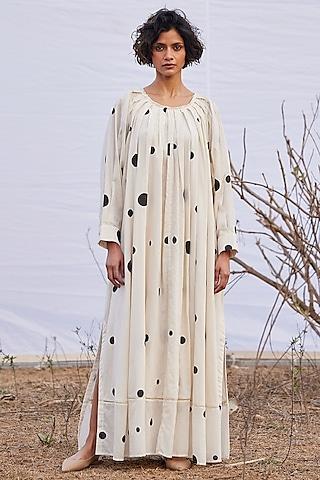 off-white cotton mul polka printed maxi dress