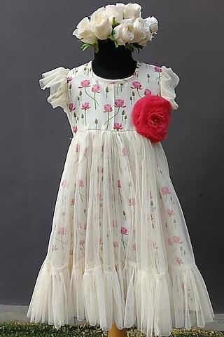 off-white cotton poplin & organza floral printed dress for girls