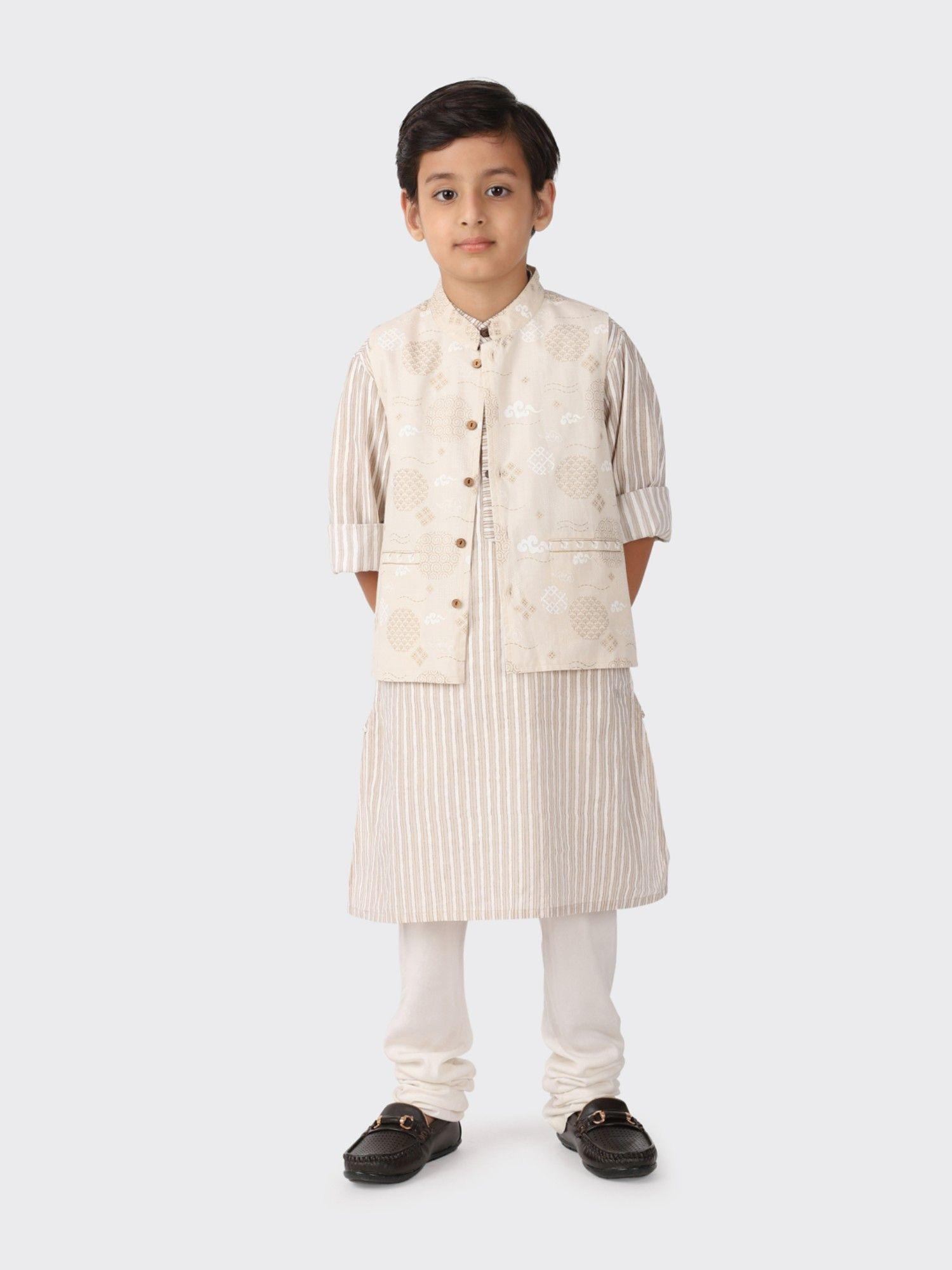 off white cotton printed boys kurta jacket (set of 2)