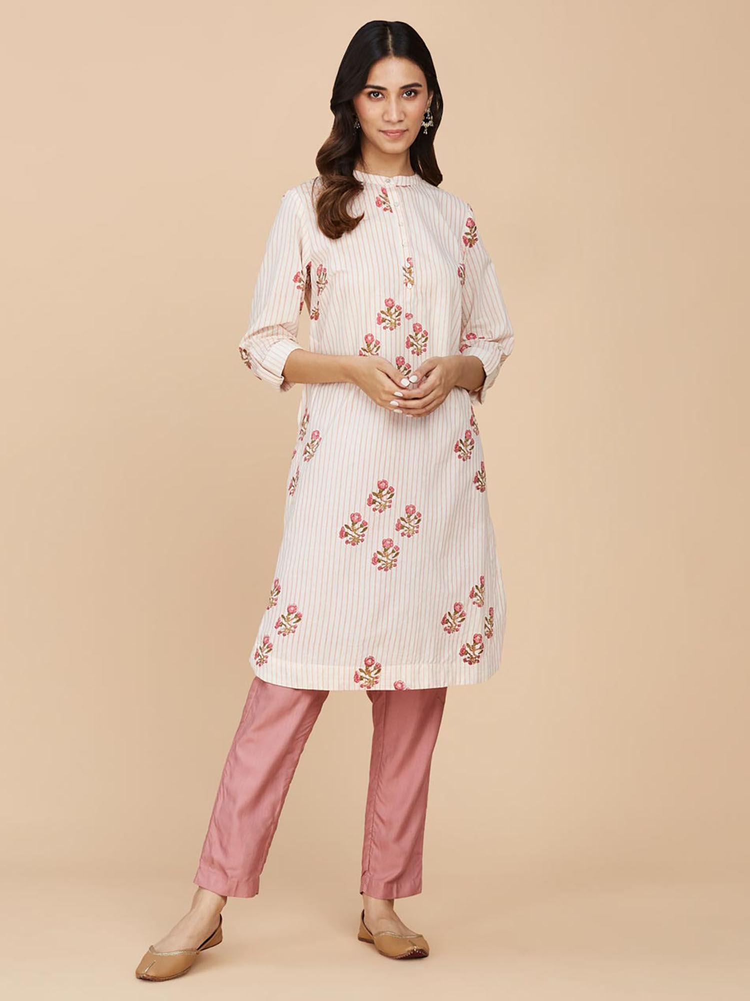 off white cotton printed knee length kurta