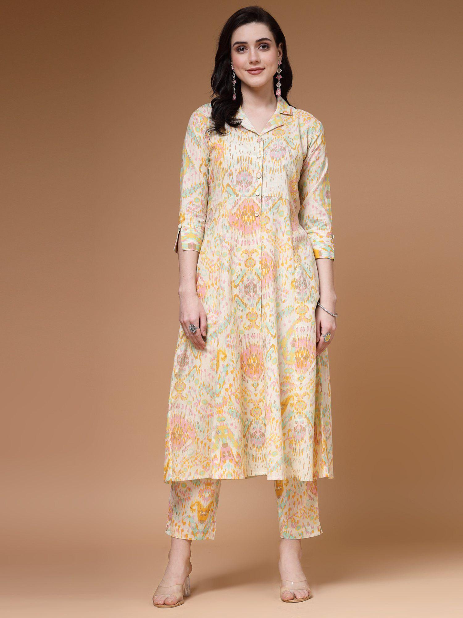 off white cotton printed kurta with pants (set of 2)