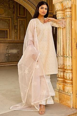 off-white cotton schiffli embroidered kurta set