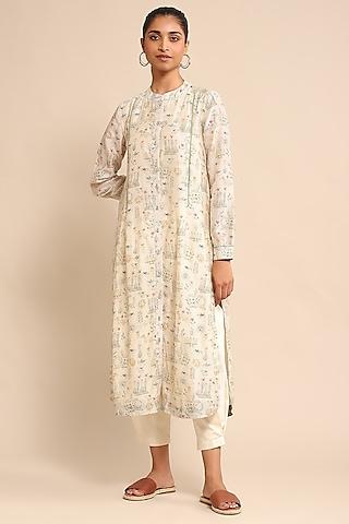 off-white cotton silk & chanderi printed kurta set