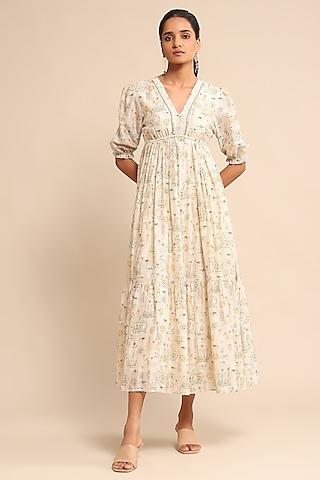 off-white cotton silk & chanderi printed midi dress