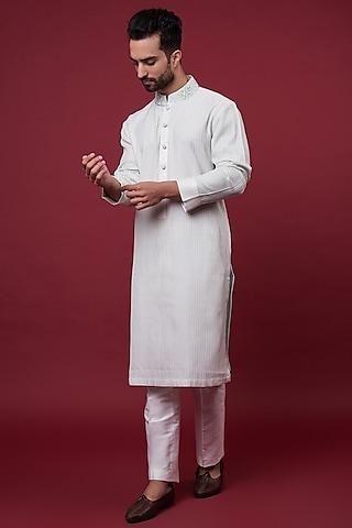 off-white cotton silk embroidered kurta set