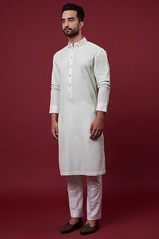 off-white cotton silk embroidered kurta set