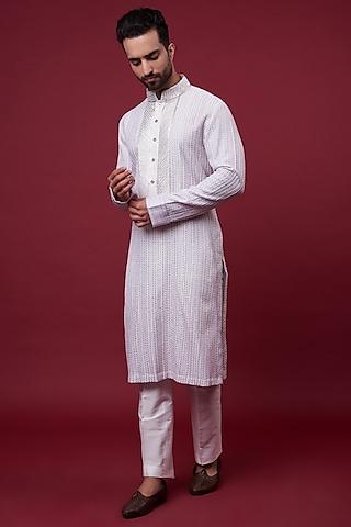 off-white cotton silk embroidered kurta set