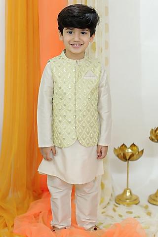 off-white cotton silk embroidered nehru jacket set for boys