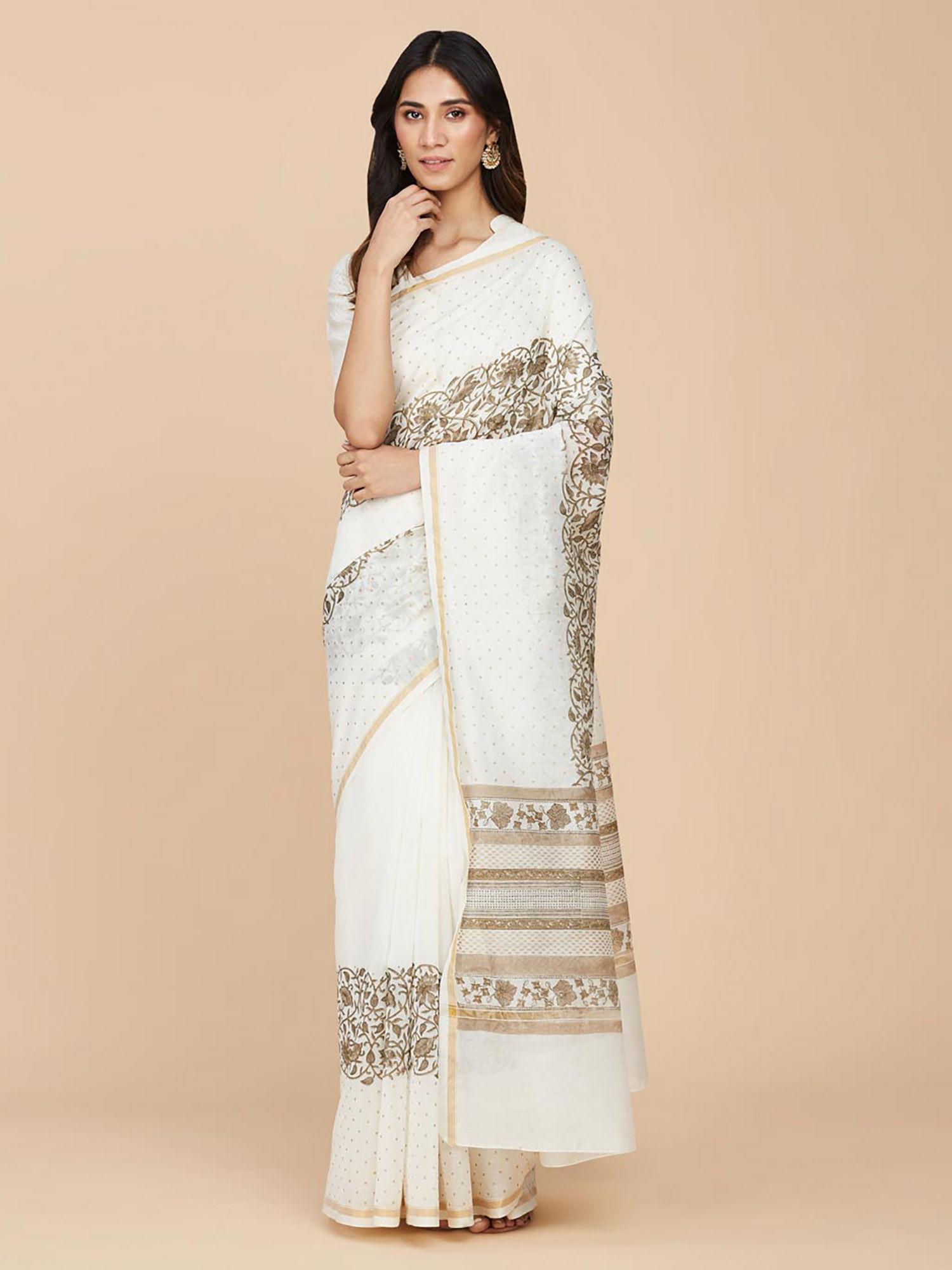 off white cotton silk hand block printed sari with unstitched blouse