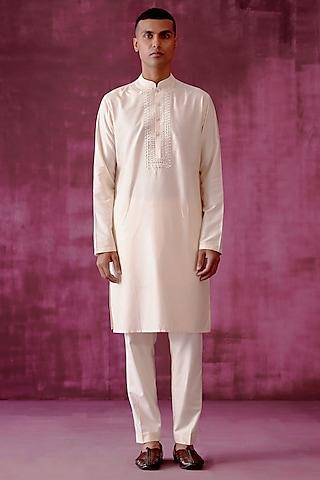 off-white cotton silk mirror embroidered kurta set