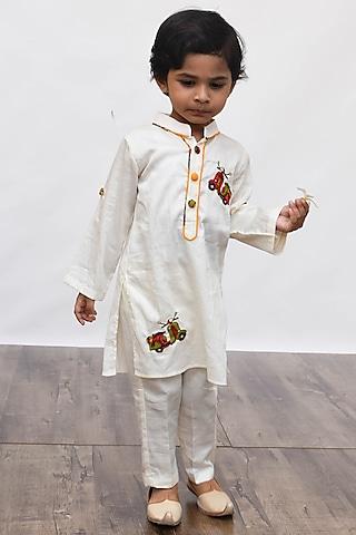 off-white cotton silk printed kurta set for boys