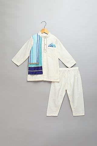 off-white cotton silk printed kurta set for boys