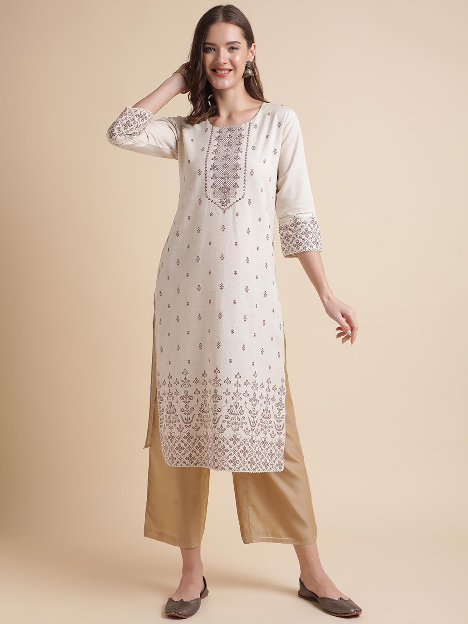 off-white cotton straight printed kurta