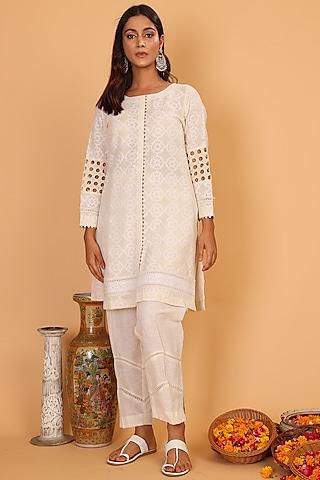 off-white cotton textured kurta set