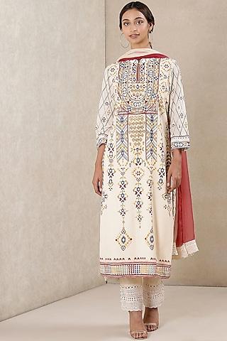 off white cotton viscose printed kurta set