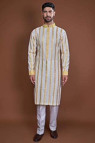 off-white cotton zari striped textured kurta set