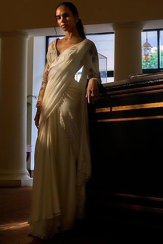 off-white crepe georgette embellished draped saree set