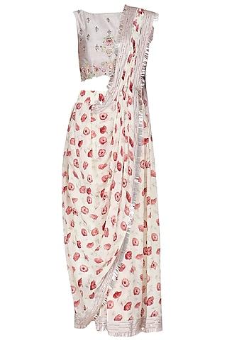 off-white crepe sequins embroidered draped saree set