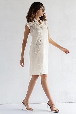 off-white crochet thread & pearl hand embroidered mini dress
