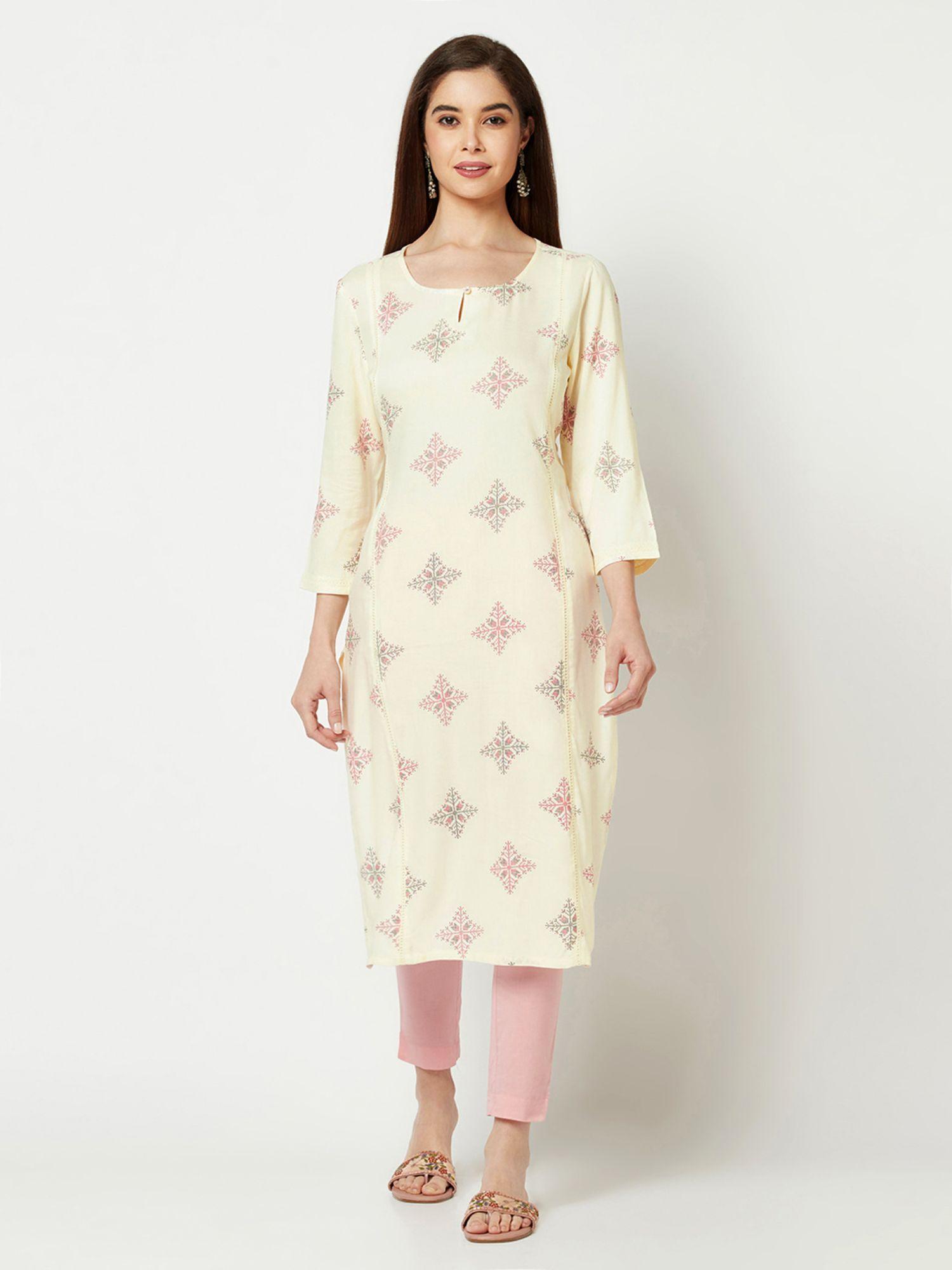 off-white cross stitch print straight kurta