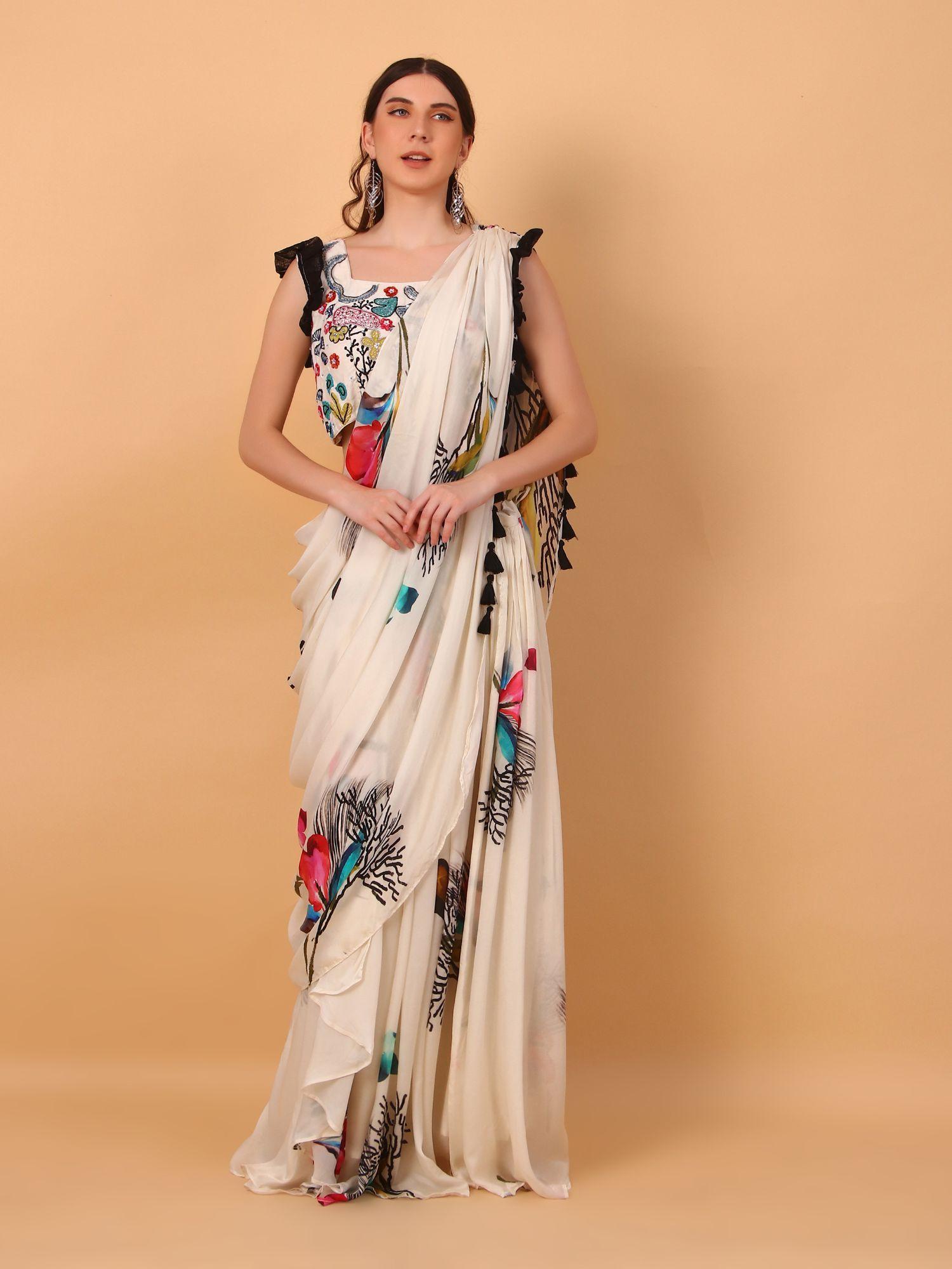 off white digital print pre draped saree with unstitched blouse