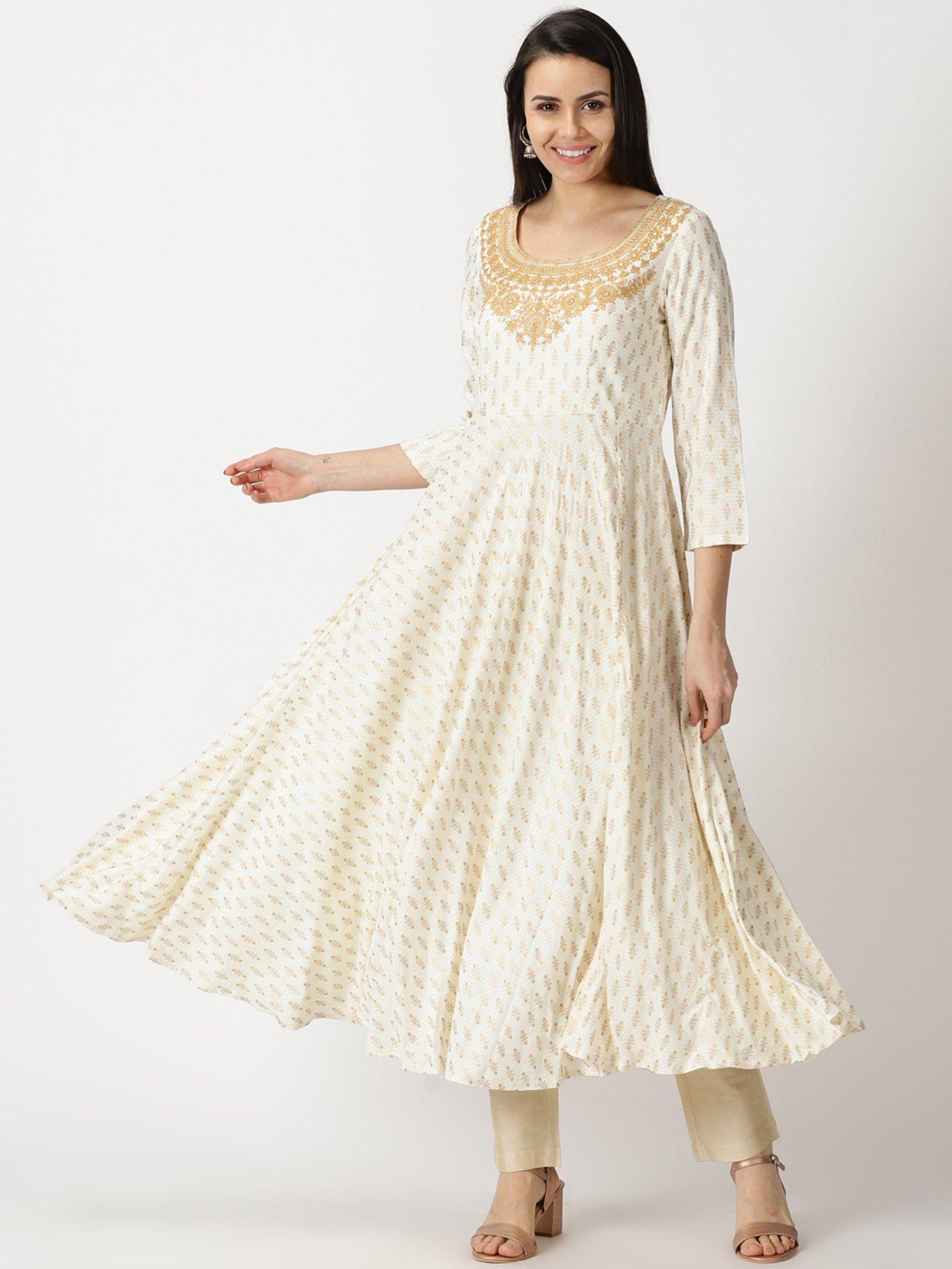 off white dobby gold printed anarkali kurta with embroidered neck