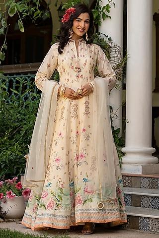 off-white dola silk embroidered & printed anarkali set