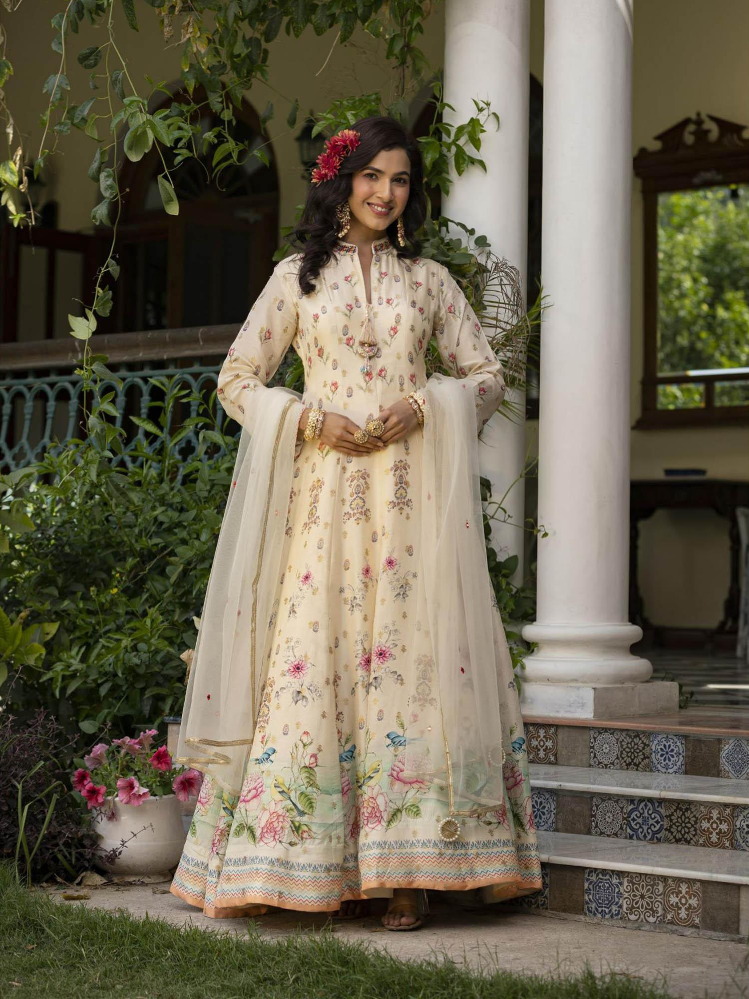 off white dola silk floral print anarkali gown with net embroidered dupatta (set of 2)