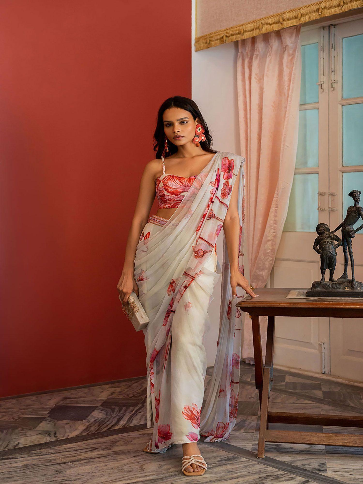 off white dragonfly plunge neck bustier with pant saree (set of 2)