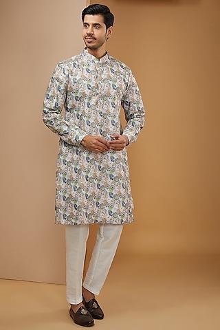 off-white dupion silk floral digital printed kurta set