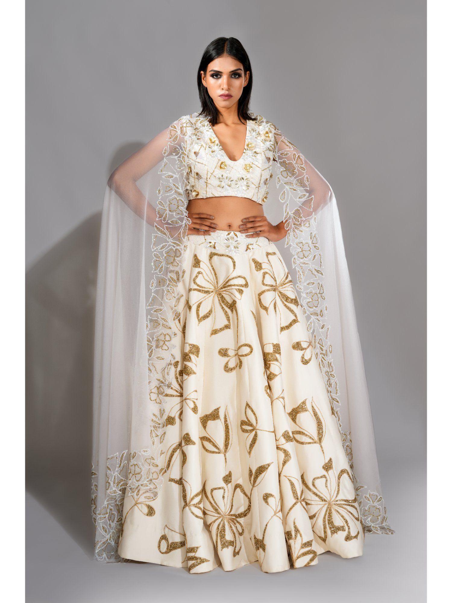 off-white embellished/sequins work lehenga with blouse and dupatta (set of 3)