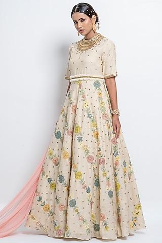 off-white embellished anarkali set