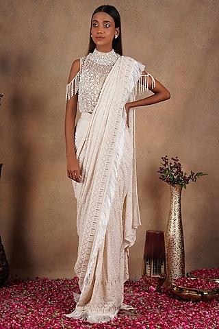 off white embellished draped saree set